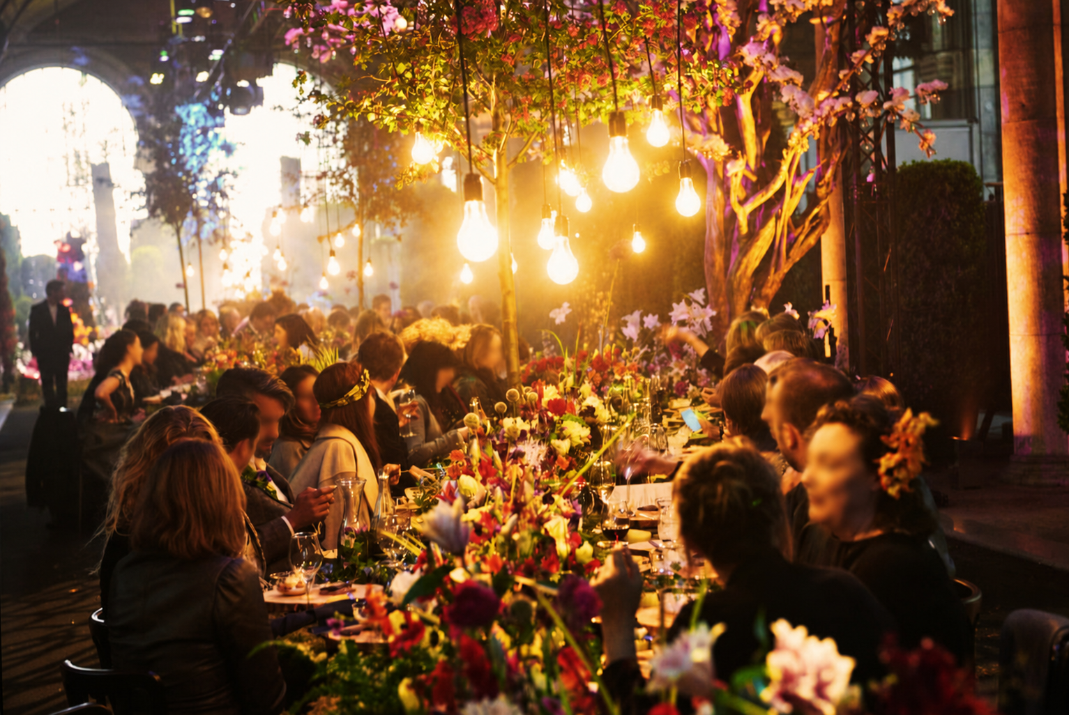 A long dinner table beneath suspended flowers and warm bulb lights.