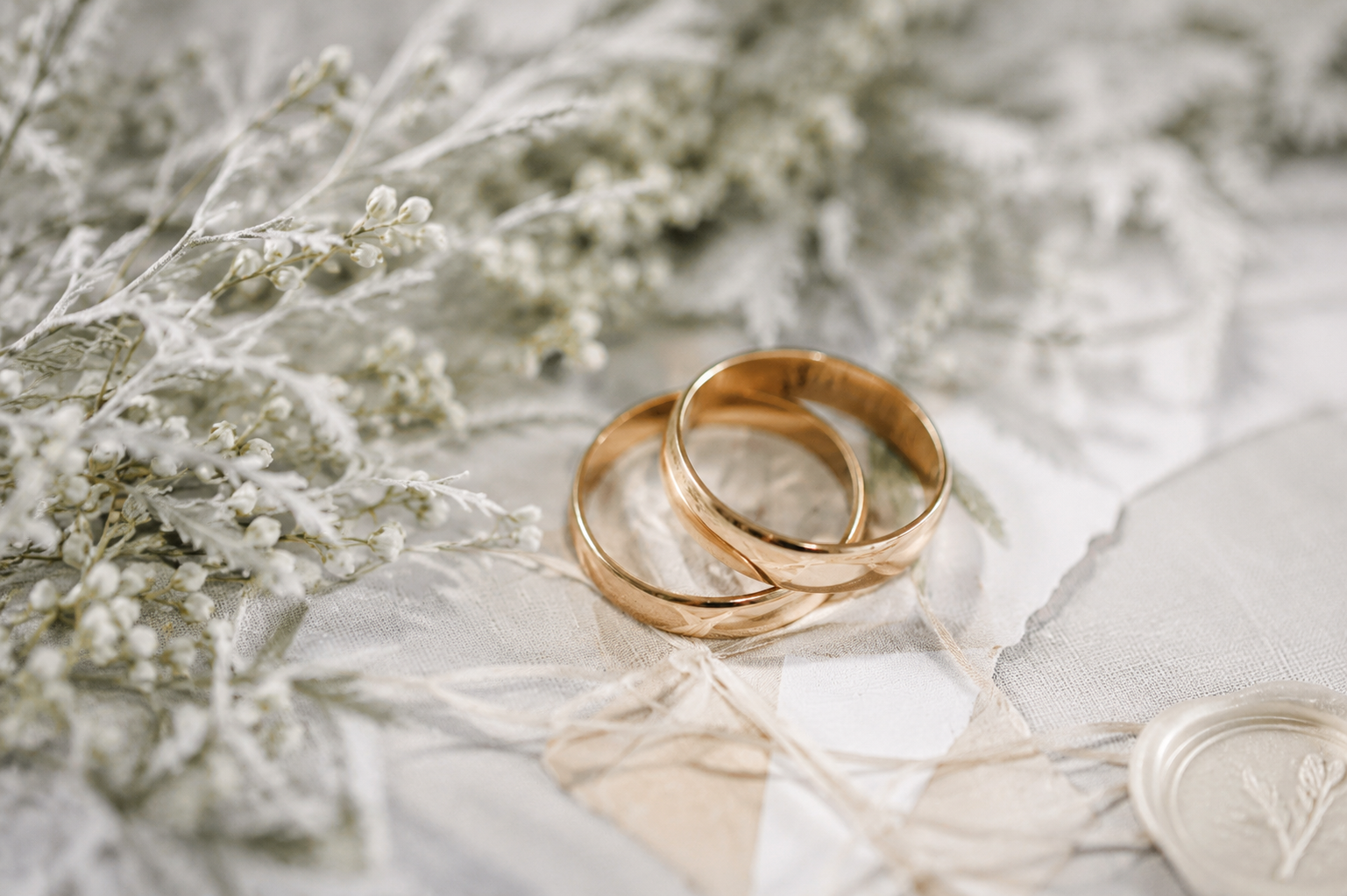 Two gold wedding rings resting on linen among pale dried flowers.