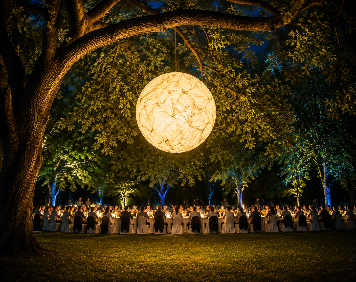 A luminous moon-like lantern glowing above a long candlelit dinner beneath the trees.