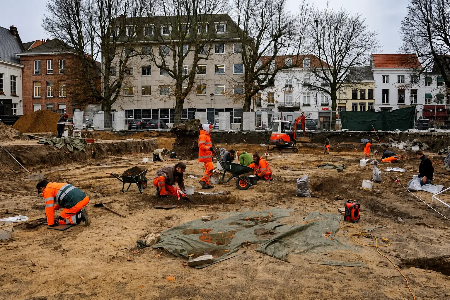 Archaeologists working across the exposed Het Clarenhof excavation site in the middle of the surrounding Mechelen neighbourhood.