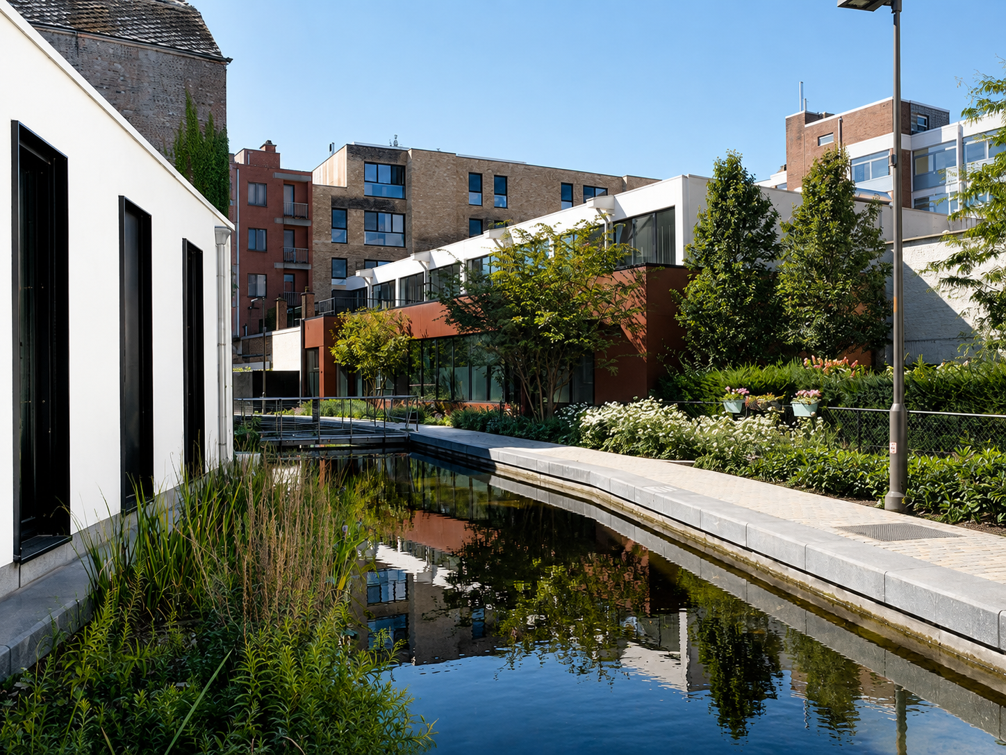 The completed Het Clarenhof courtyard, its water feature reflecting the planting and contemporary architecture.